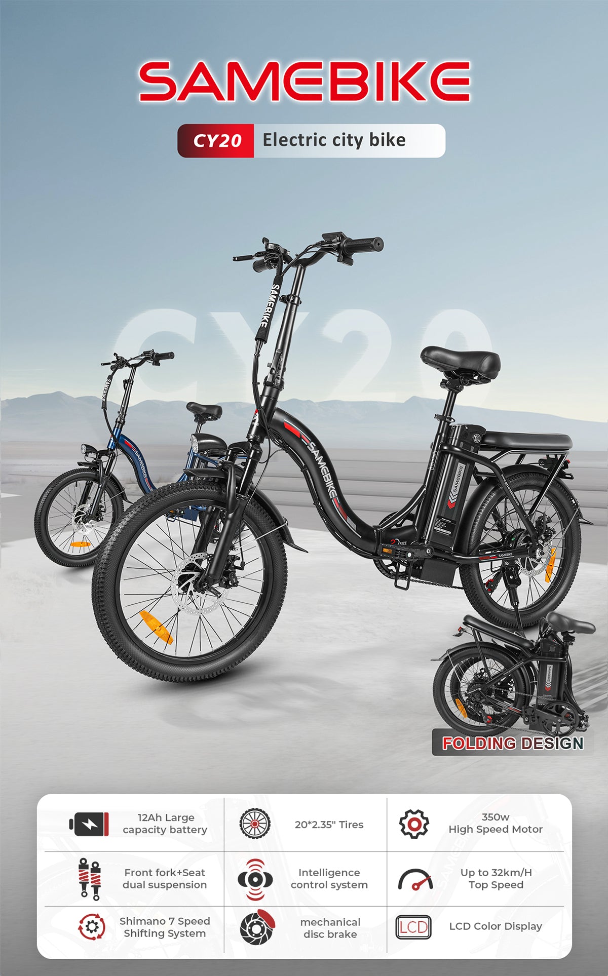 350D Hybrid Electric City Bike – 20” Wheels, 7-Speed, Lithium Battery Powered
