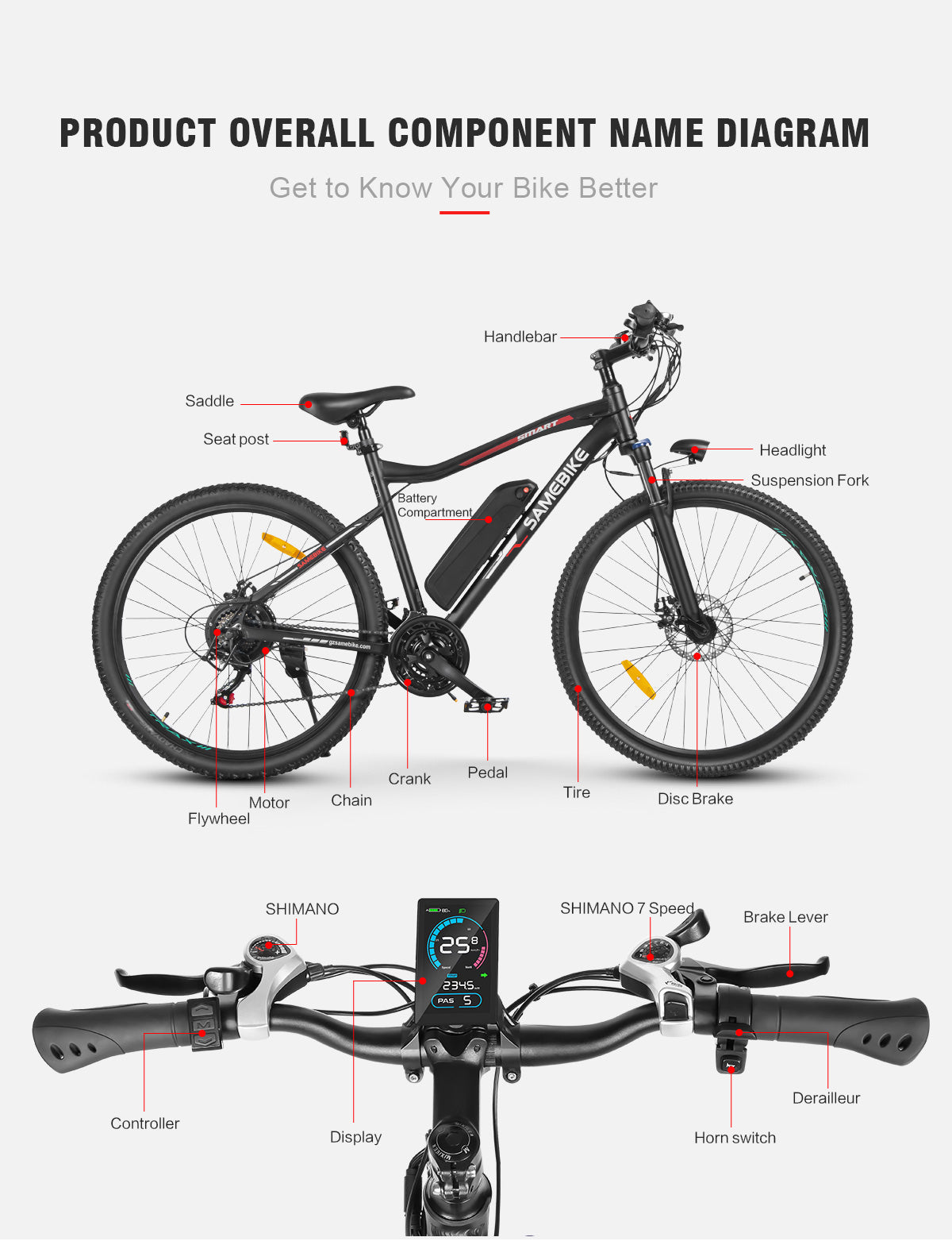 SAMEBIKE Long-Range High-Power Electric Mountain Bike – 500W Motor, 13Ah Down Tube Battery